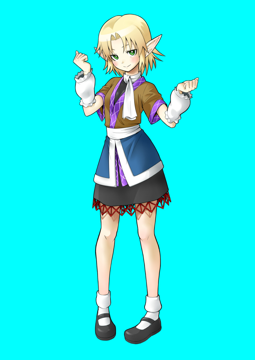1girl, aqua_background, arm_warmers, arms_up, bangs, black_dress, black_footwear, blonde_hair, blush, breasts, brown_jacket, closed_mouth, commentary_request, cookie_(touhou), dress, full_body, green_eyes, highres, jacket, joker_(cookie), layered_clothing, looking_at_viewer, mary_janes, mizuhashi_parsee, multicolored, multicolored_clothes, multicolored_jacket, parted_bangs, pointy_ears, sash, scarf, shoes, short_hair, short_sleeves, simple_background, small_breasts, smile, socks, solo, standing, touhou, white_legwear, white_sash, white_scarf, yuuto_(chakokin)