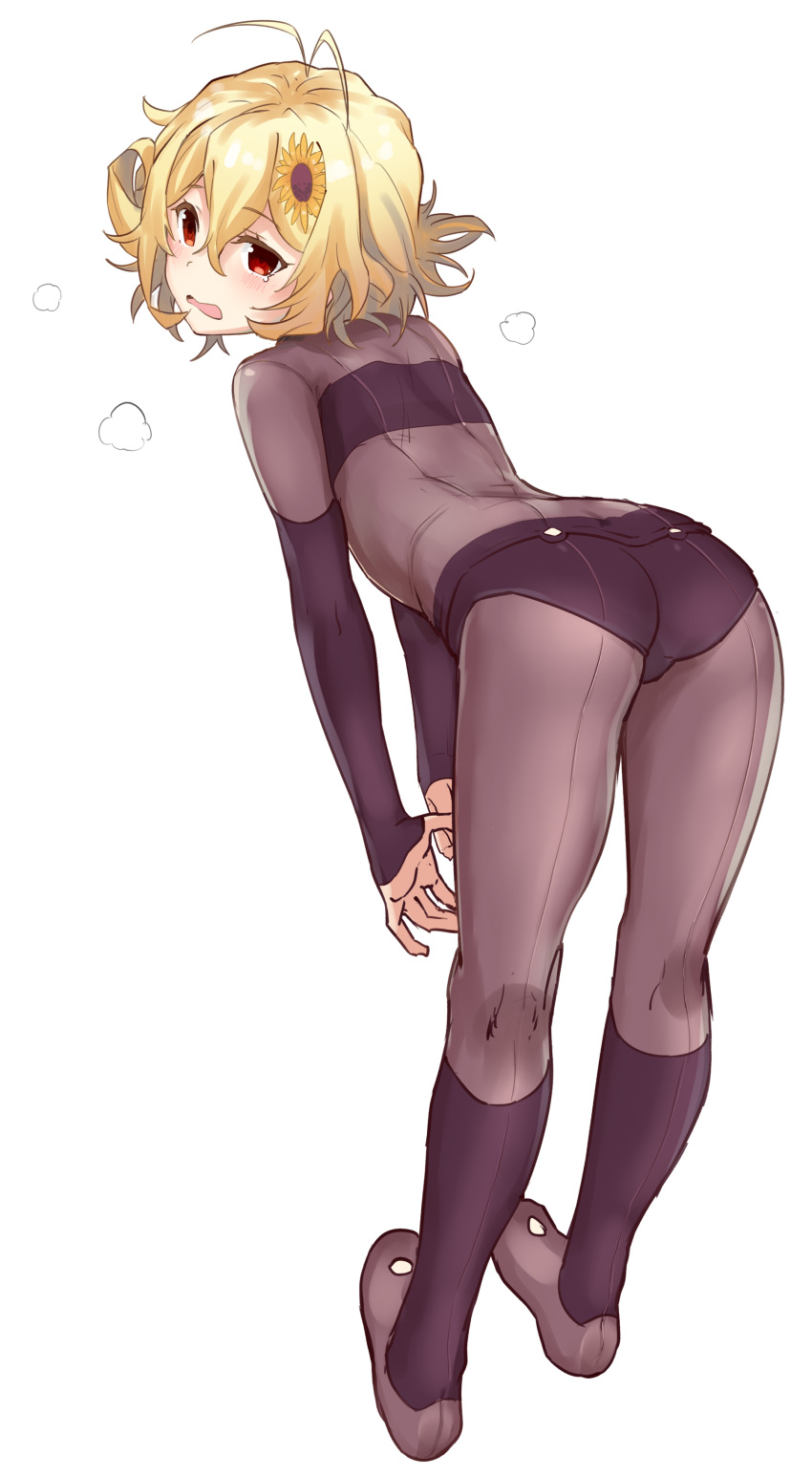 1girl, absurdres, antenna_hair, ass, augmented_reality/_multiple_survive, bangs, black_border, blonde_hair