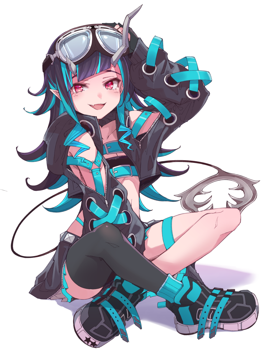 1girl, 510ksk, :d, arm_up, bandeau, belt, between_legs, black_footwear