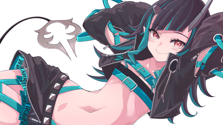 1girl, 510ksk, arms_behind_head, arms_up, bandeau, belt, black_hair, black_jacket