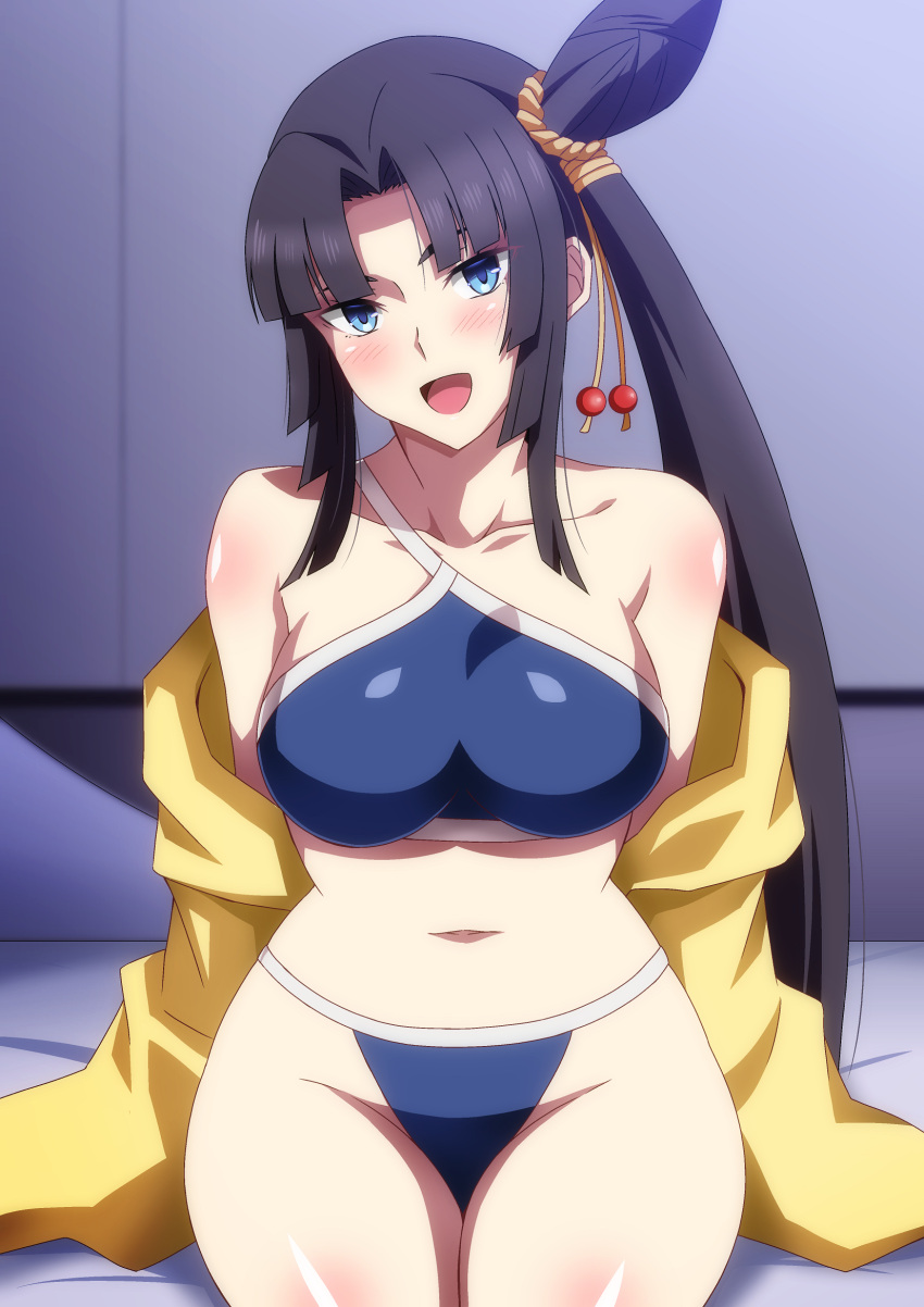 1girl, bangs, bare_shoulders, bikini, black_hair, blue_bikini, blue_eyes, blush