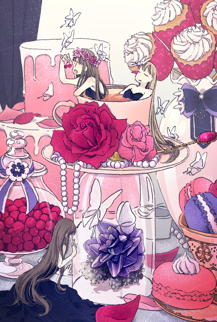 3girls, bangs, black_dress, blonde_hair, brown_hair, bug, butterfly, cherry