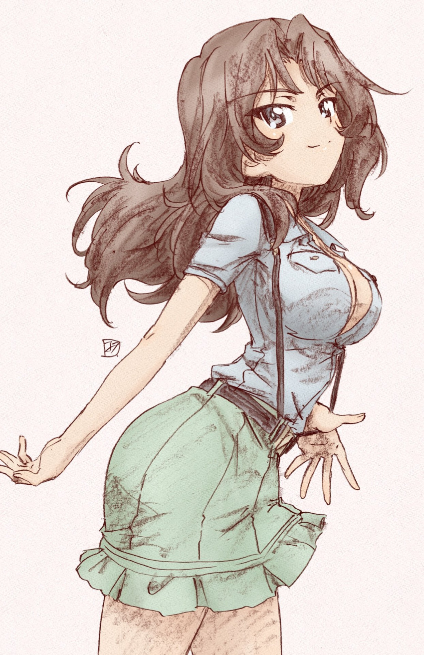 1girl, aoshidan_school_uniform, artist_name, bad_id, bad_twitter_id, belt, black_belt, black_eyes, black_hair, blue_shirt, breasts, collared_shirt, colored_pencil_(medium), commentary_request, cowboy_shot, dark_skin, dark-skinned_female, el_(girls_und_panzer), erakin, eyebrows_visible_through_hair, from_side, girls_und_panzer, green_skirt, grey_background, grimace, hair_intakes, highres, large_breasts, leaning_forward, long_hair, looking_at_viewer, miniskirt, partially_unbuttoned, school_uniform, shirt, short_sleeves, signature, skirt, smile, solo, standing, suspender_skirt, suspenders, suspenders_pull, traditional_media