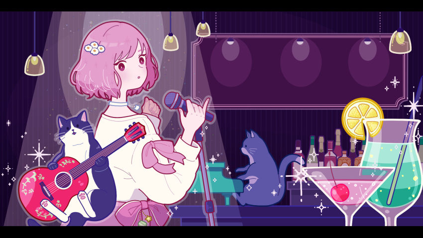 1girl, blush, bow, cat, cherry, choker, cocktail_glass, cup