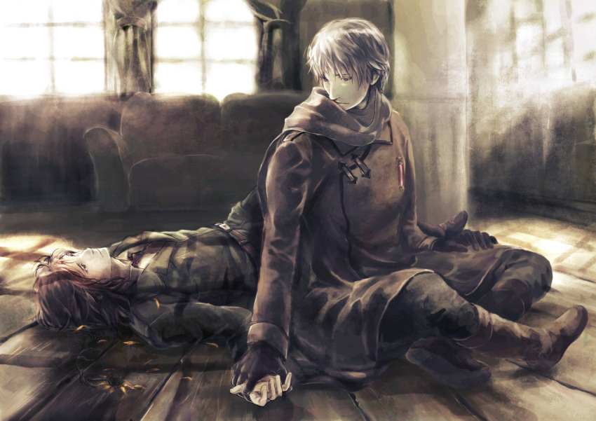 axis_powers_hetalia, boots, flower, gloves, holding_hands, kamamoto_(monotonecolor), lithuania_(hetalia), lying, male, monotonecolor, multiple_boys, russia_(hetalia), scarf, sunflower