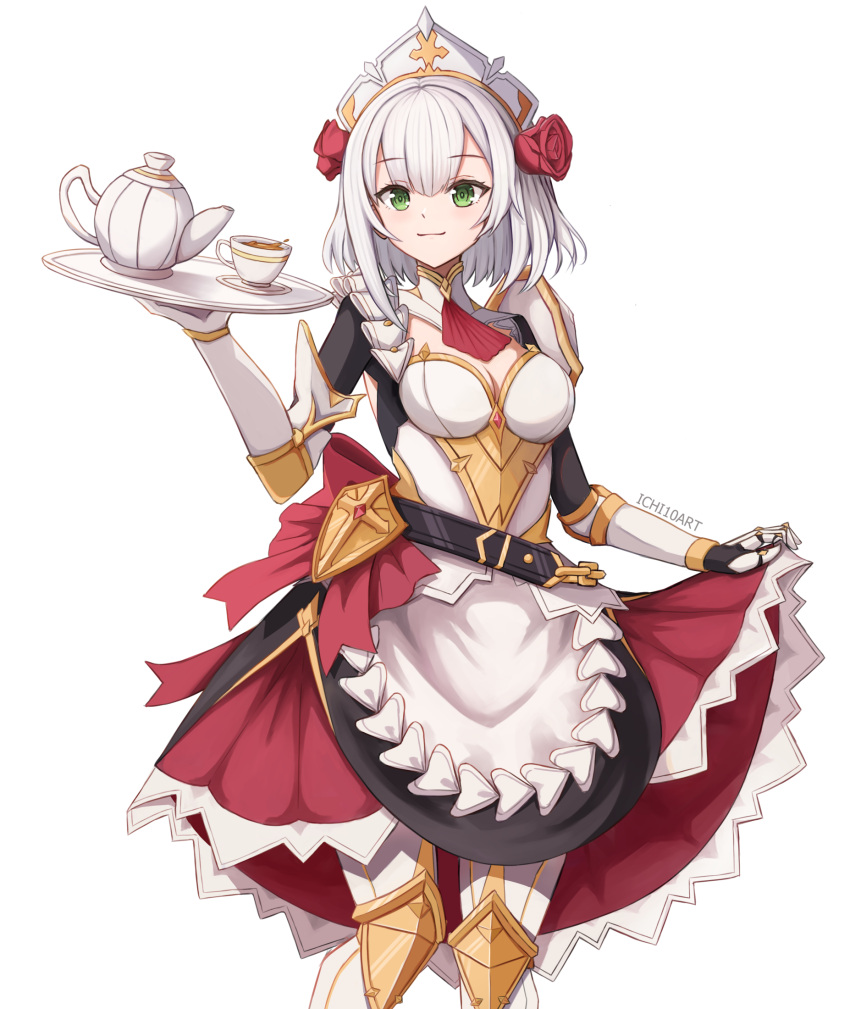 1girl, apron, armor, armored_boots, boots, braid, breasts, closed_mouth, cowboy_shot, cup, flower, flower_ornament, genshin_impact, green_eyes, highres, holding, holding_plate, ichi10art, looking_at_viewer, maid, maid_apron, maid_headdress, medium_breasts, noelle_(genshin_impact), plate, rose, short_hair, silver_hair, simple_background, skirt, skirt_lift, smile, solo, teacup, thigh-highs, thigh_boots, white_background