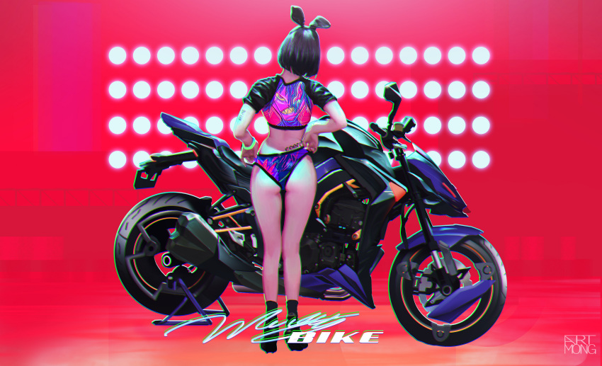 1girl, absurdres, artist_name, artmong, ass, black_hair, black_jacket, black_panties