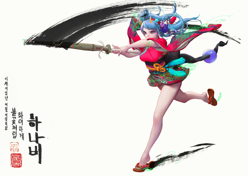 1girl, artmong, blue_hair, full_body, grey_eyes, highres, horns, japanese_clothes