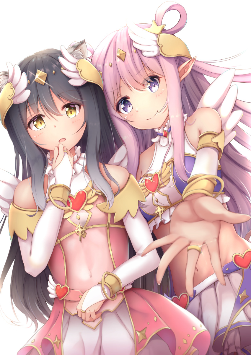 2girls, animal_ears, black_hair, eyebrows_visible_through_hair, groin, hair_between_eyes, hair_ornament, hatsune_(princess_connect!)