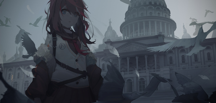 1girl, arknights, bird, black_choker, black_coat, black_sailor_collar, black_skirt, blue_eyes