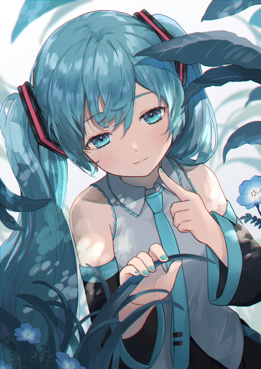 1girl, aqua_eyes, aqua_hair, aqua_nails, aqua_neckwear, ashika_(yftcc948), bangs, bare_shoulders