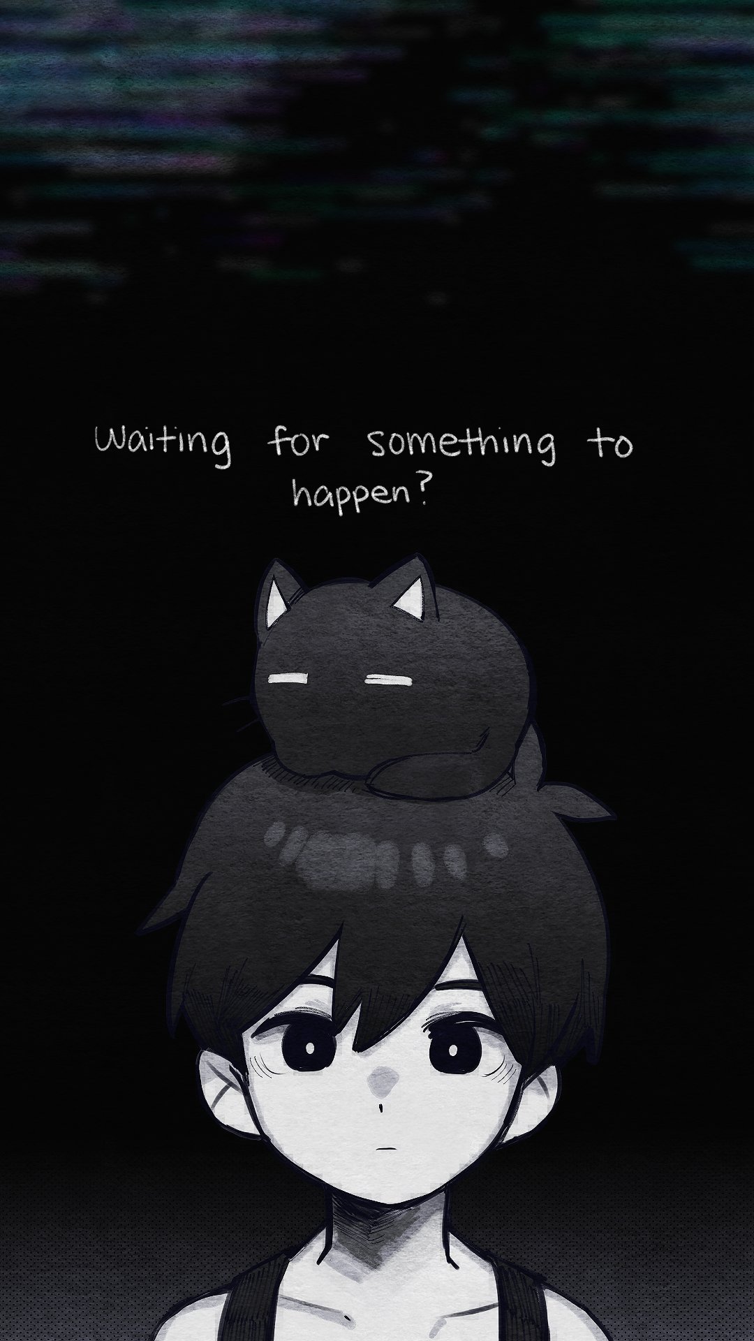 1boy, animal, animal_on_head, bare_shoulders, cat, closed_mouth, collarbone, english_text, greyscale, highres, jin_gingin, male_focus, mewo, monochrome, omori, on_head, upper_body