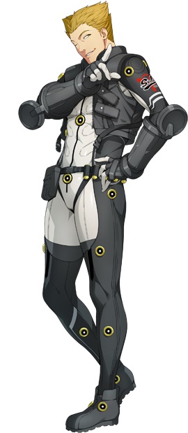 1boy, belt, bodysuit, brown_eyes, brown_hair, gloves, hair_behind_ear, hand_on_hip