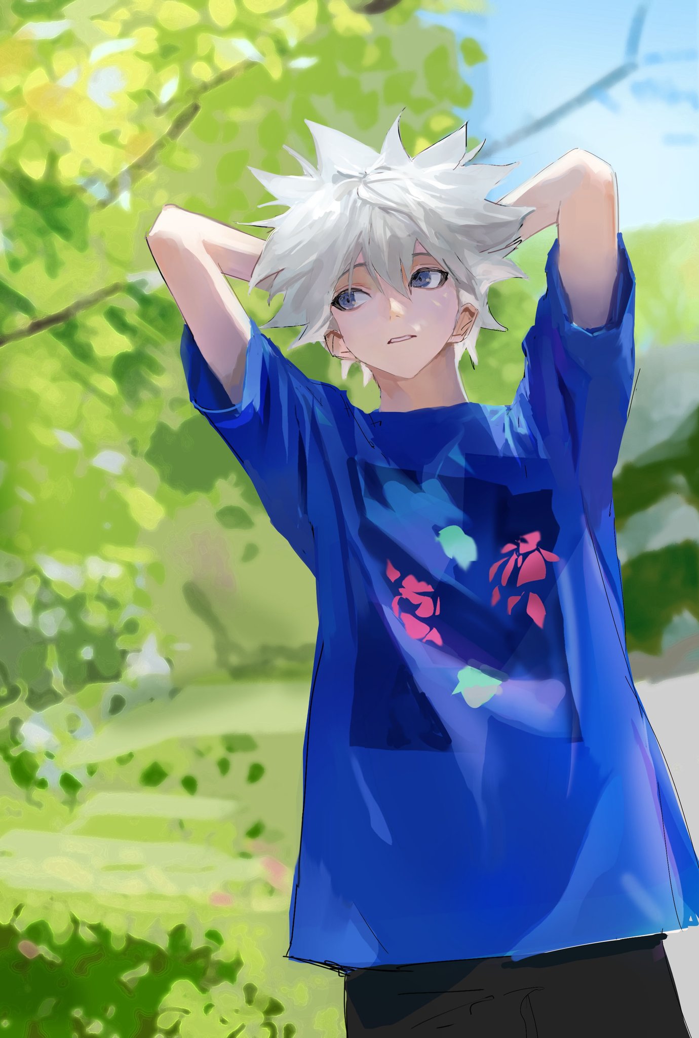 1boy, alternate_costume, arms_behind_head, arms_up, black_shorts, blue_eyes, blue_shirt, day, et_atr3, hair_between_eyes, highres, hunter_x_hunter, killua_zoldyck, korean_commentary, male_focus, outdoors, shirt, shorts, silver_hair, solo, t-shirt, tree