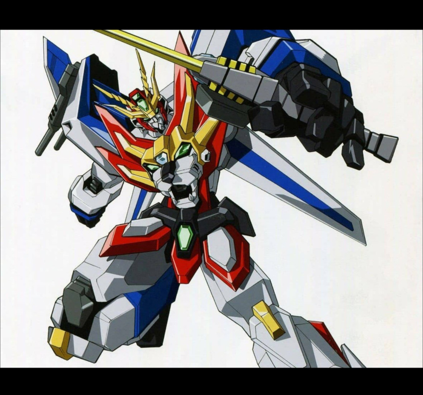 clenched_hand, great_exkaiser, green_eyes, highres, holding, holding_sword, holding_weapon, looking_at_viewer