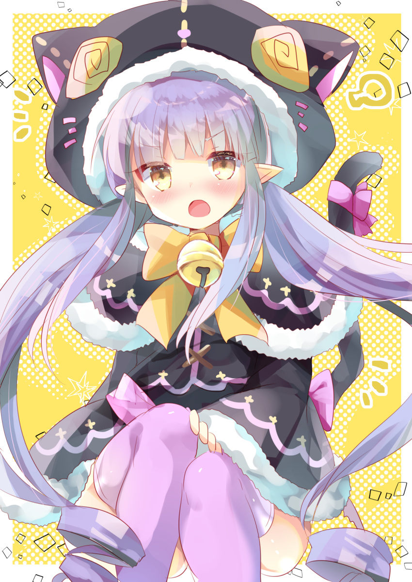 1girl, :o, animal_ears, animal_hood, bangs, bell, black_capelet, black_jacket