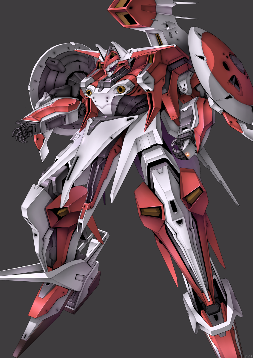 1980s_(style), bromb_texter, gaia_gear, grey_background, grey_eyes, gundam, highres, looking_down
