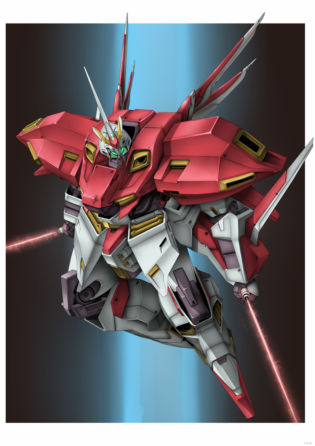 1980s_(style), beam_saber, dual_wielding, floating, gaia_gear, glowing, glowing_eyes, green_eyes