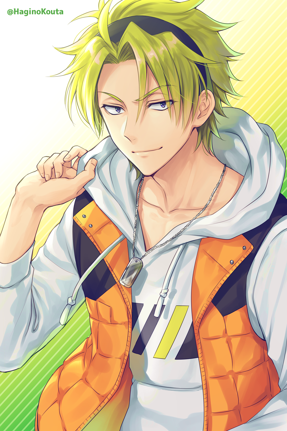 1boy, argonavis_from_bang_dream!, bangs, black_hairband, blonde_hair, blue_eyes, closed_mouth, collarbone