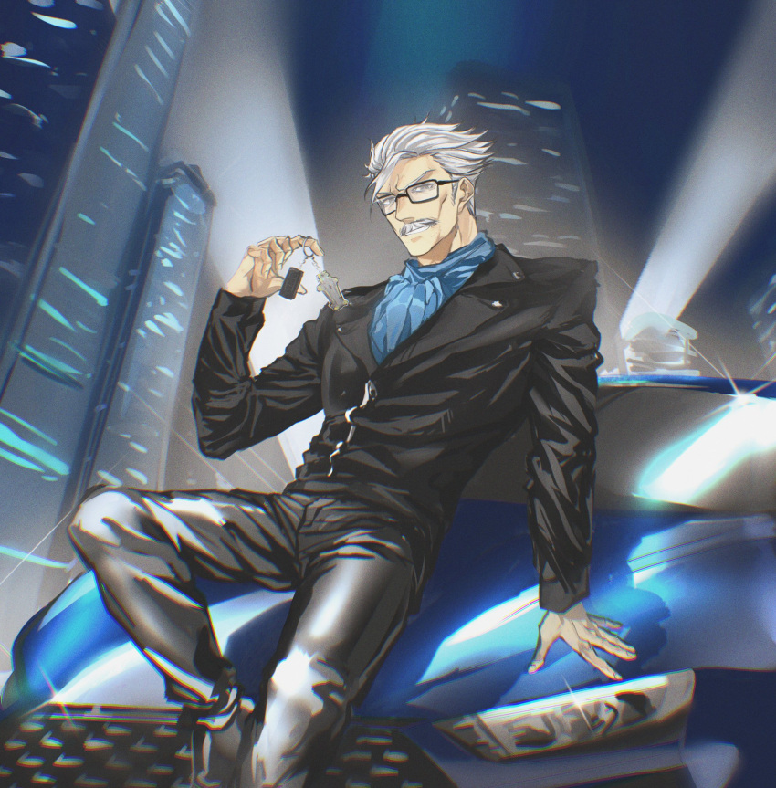1boy, black-framed_eyewear, black_footwear, black_suit, blue_neckwear, car, facial_hair, fate/grand_order, fate_(series), formal, glasses, glint, grey_hair, ground_vehicle, highres, james_moriarty_(fate), keychain, long_sleeves, looking_at_viewer, male_focus, motor_vehicle, mustache, night, night_sky, old, old_man, on_vehicle, outdoors, sitting, sky, skylight, solo, suit, trstfx_(lina)