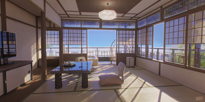 absurdres, architecture, bay, blender_(medium), blue_sky, ceiling, ceiling_light, chair