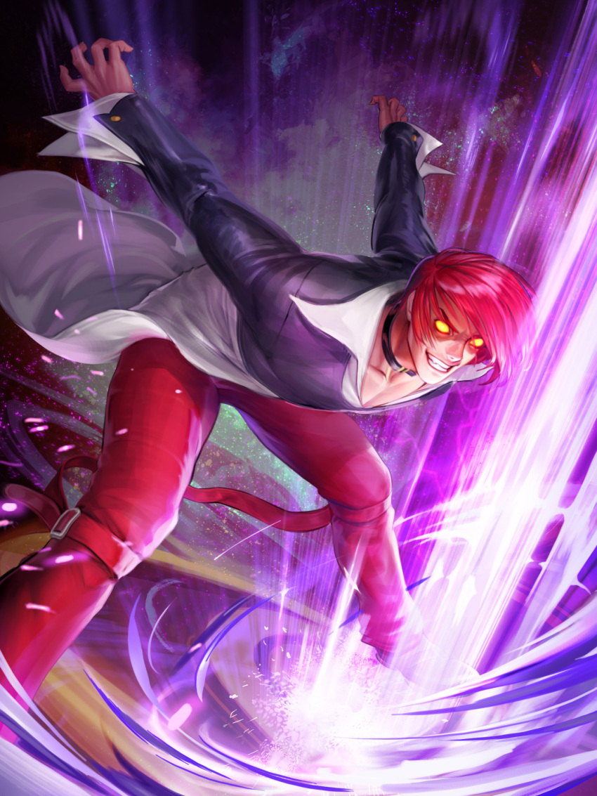 arms_up, choker, cropped_jacket, dark_persona, fire, grin, hair_over_one_eye, highres