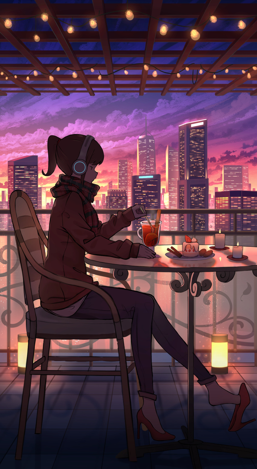 1girl, absurdres, backlighting, black_hair, black_pants, building, cake, candle
