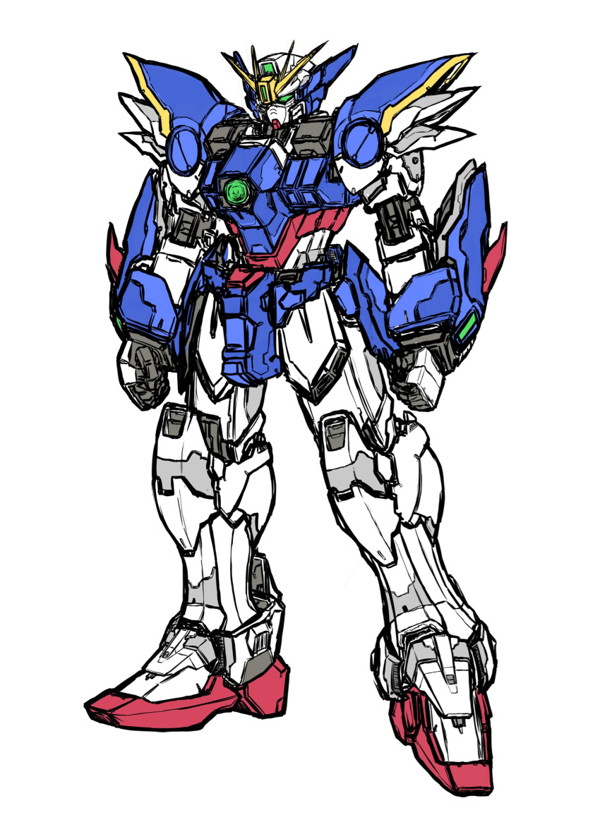 <karasu, clenched_hands, green_eyes, gundam, gundam_wing, gundam_wing_endless_waltz, highres, mecha, mobile_suit, no_humans, science_fiction, solo, standing, v-fin, white_background, wing_gundam_zero_custom