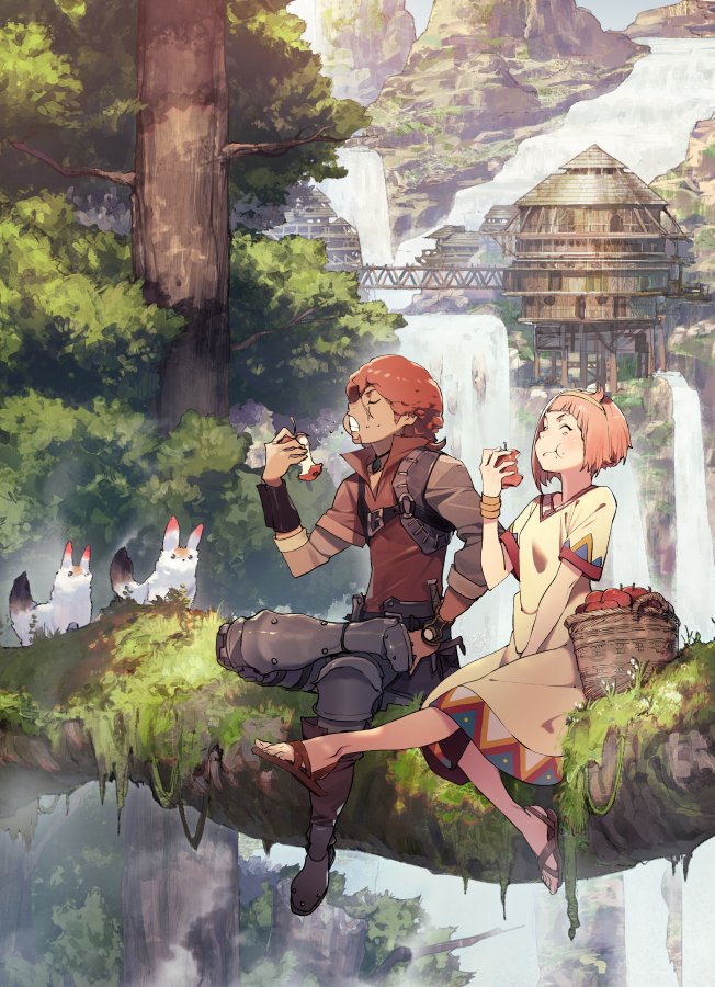 1boy, 1girl, :t, apple, asymmetrical_hair, basket, blush, bridge