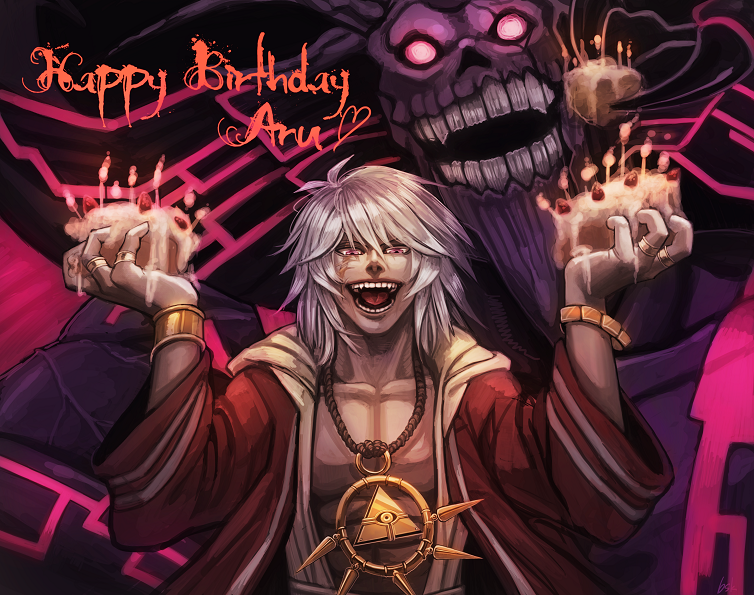 1boy, bangs, bare_pecs, bibibisk, birthday_cake, bracelet, cake, candle, claws, coat, commentary_request, dark_skin, dark_skinned_male, demon, dual_wielding, fire, flame, food, happy_birthday, heart, holding, holding_cake, holding_food, jewelry, laughing, long_hair, looking_at_viewer, male_focus, millennium_ring, necklace, open_clothes, open_coat, open_mouth, red_coat, red_eyes, ring, scar, scar_across_eye, tan, teeth, tongue, touzokuou_bakura, upper_body, white_hair, yu-gi-oh!, yu-gi-oh!_duel_monsters, zorc_necrophades