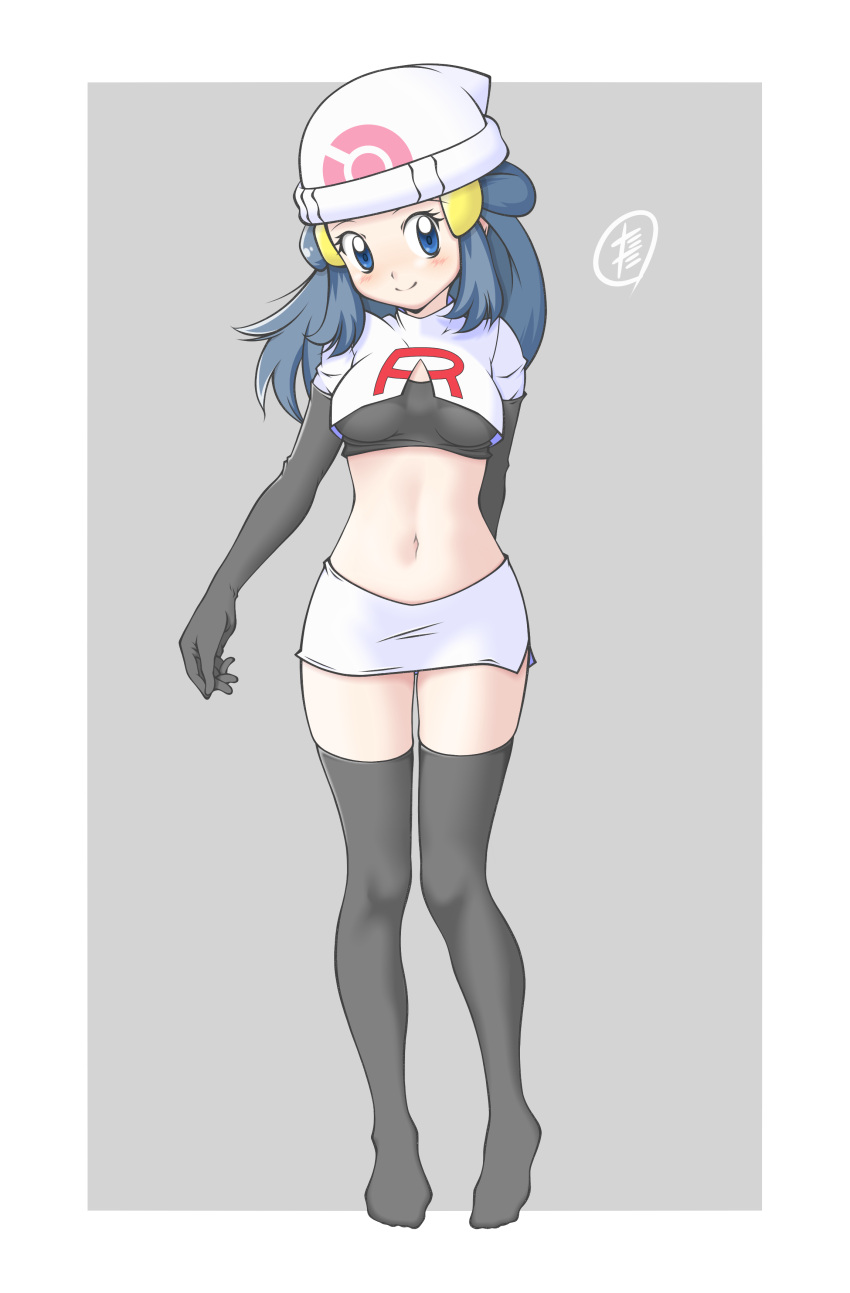 1girl, absurdres, arm_behind_back, beanie, black_gloves, black_legwear, blue_eyes, blue_hair