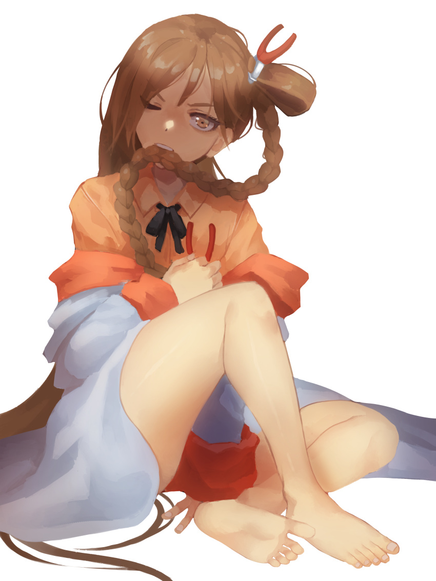 1girl, absurdres, barefoot, braid, brown_eyes, brown_hair, doctor_(last_origin), hair_pliers