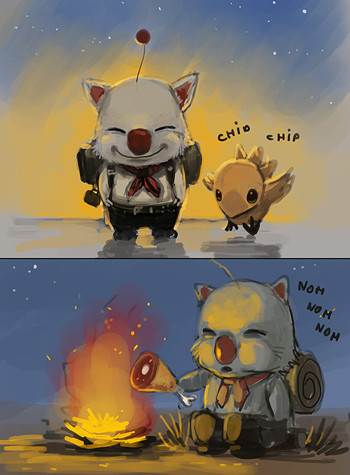 animal_ears, backpack, campfire, chocobo, final_fantasy, fire, food, moogle