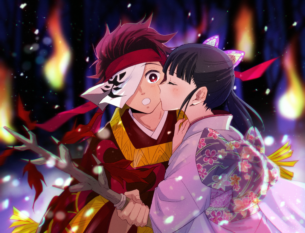 1boy, 1girl, blush, butterfly_hair_ornament, cheek_kiss, closed_eyes, couple, fire, hair_ornament, kamado_tanjirou, kimetsu_no_yaiba, kiss, ponytail, san_mon, tsuyuri_kanao