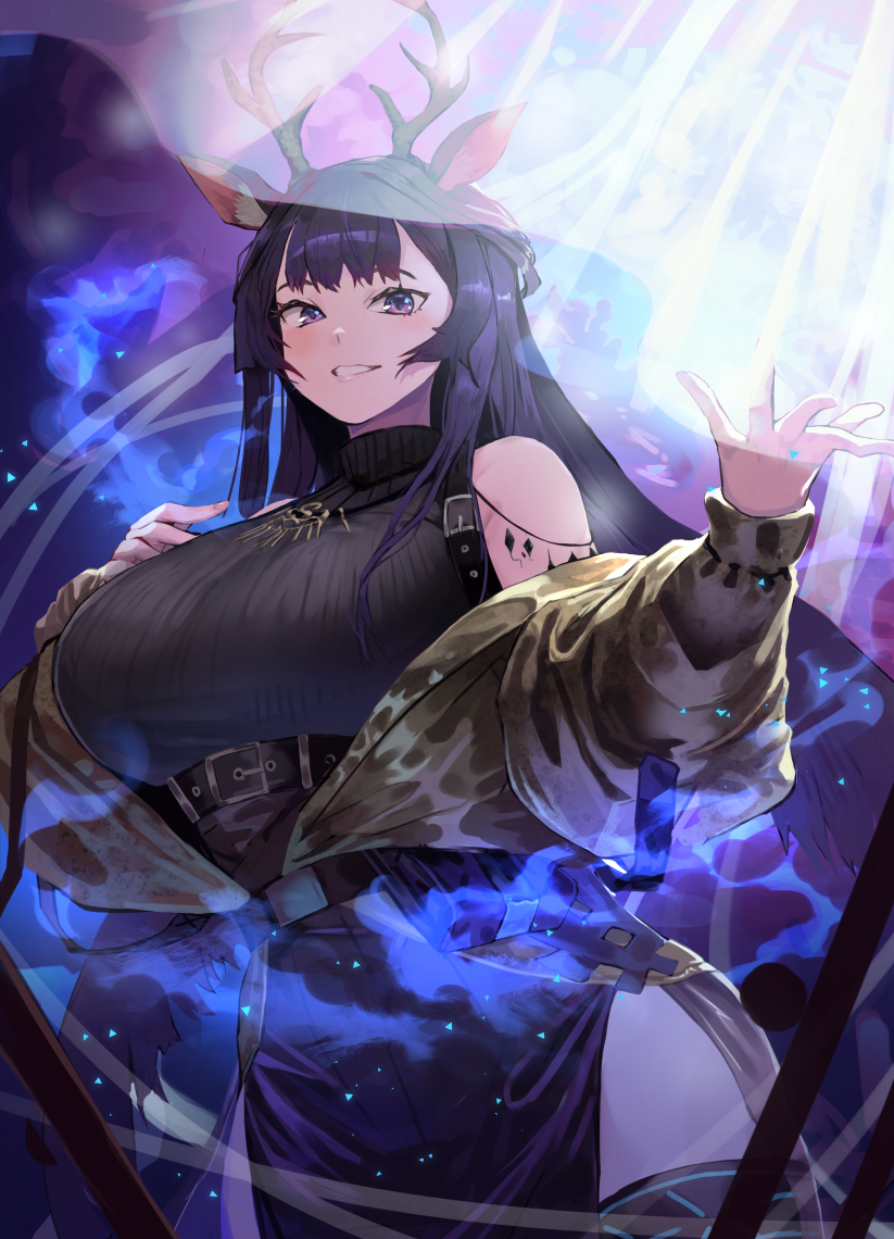 1girl, animal_ears, antlers, arknights, aura, black_legwear, black_sweater, blush