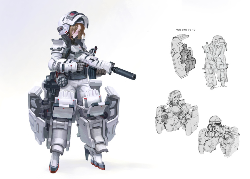 1girl, absurdres, armor, assault_rifle, brown_hair, finger_on_trigger, flashlight, full_body, gloves, gun, helmet, high_heels, highres, kneeling, looking_at_viewer, mecha_musume, original, rifle, solo, standing, suppressor, vexxxxa, visor_(armor), weapon