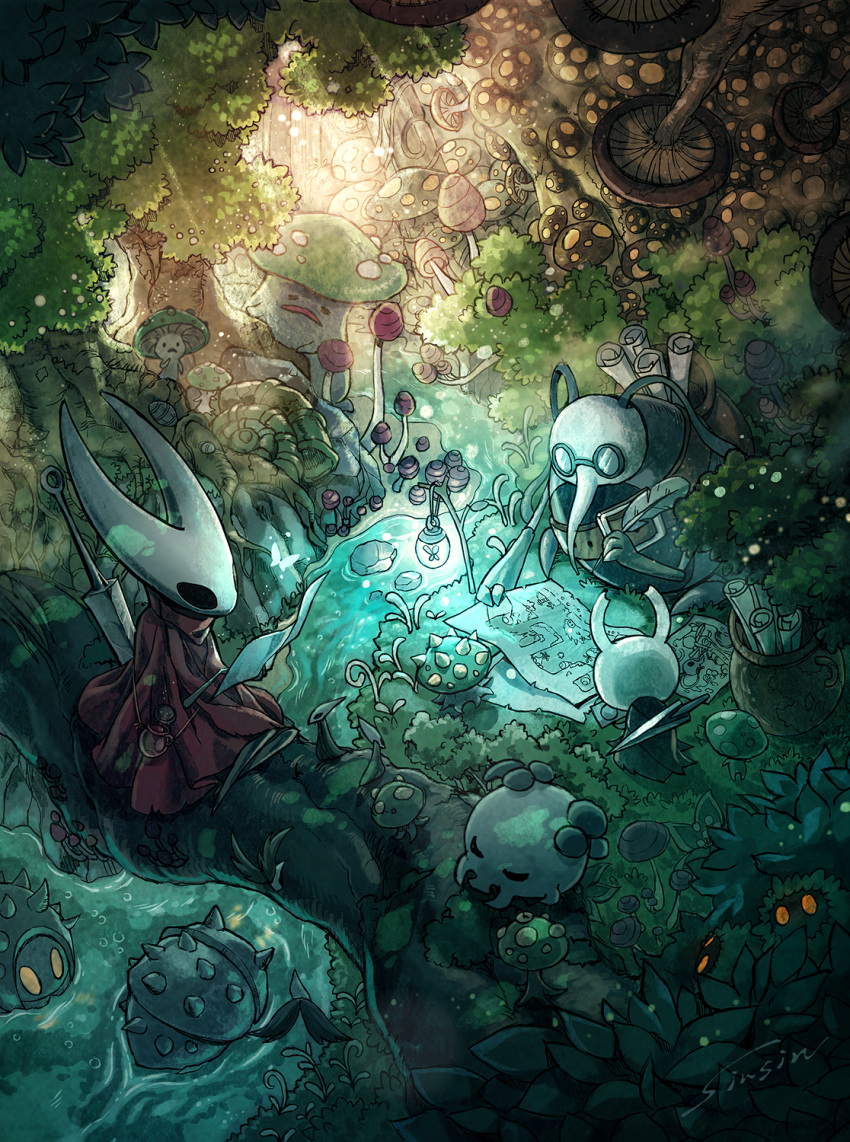 black_cloak, bottle, cape, cloak, cornifer, feathers, from_behind, glasses, highres, hollow_knight, hornet_(hollow_knight), knight_(hollow_knight), long_nose, map, mushroom, nature, no_humans, pot, red_cloak, rock, scroll, signature, sinsin719, sitting, spike, sunlight, tree, water, weapon