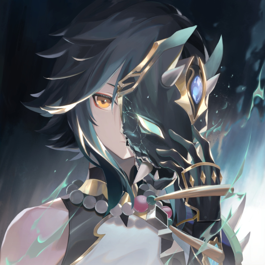 1boy, ahoge, bangs, bead_necklace, beads, black_gloves, black_hair, closed_mouth