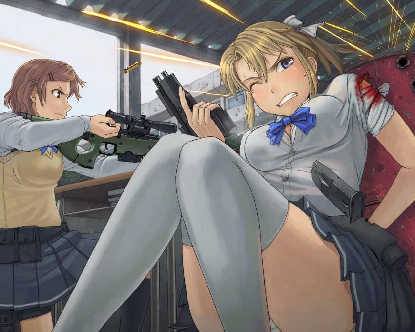 bandage, bandages, battle, blonde_girl_(itou), blonde_hair, blood, blue_eyes, bolt_action