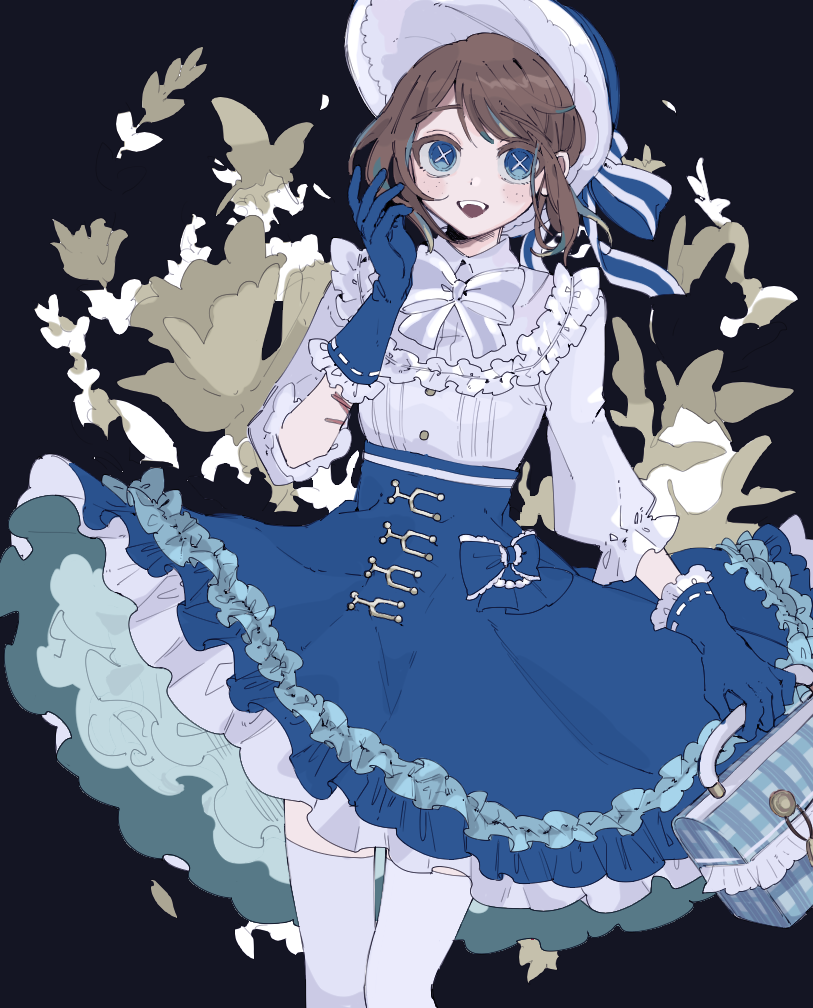 1girl, :d, atama_ga_pa, bag, bangs, blue_eyes, blue_gloves, blue_headwear