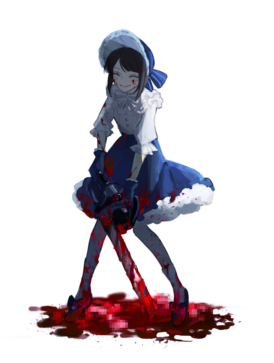 1girl, blood, blood_on_face, blood_on_leg, blood_splatter, bloody_clothes, bloody_hair, bloody_hands, blue_eyes, blue_gloves, blue_headwear, bonnet, boudoir_dream_(identity_v), bow, brown_hair, censored, chainsaw, closed_eyes, dress, emma_woods, frilled_dress, frilled_gloves, frilled_sleeves, frills, full_body, gloves, highres, holding, holding_chainsaw, holding_weapon, identity_v, kouri_(kyorosuukeeeeeee), layered_dress, official_alternate_costume, pool_of_blood, short_hair, simple_background, smile, solo, weapon, white_background