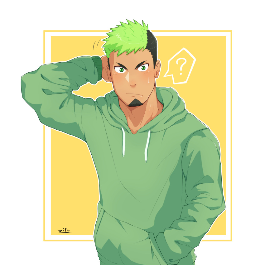 1boy, ?, alternate_costume, arm_behind_head, black_hair, blush, casual, dark_skin