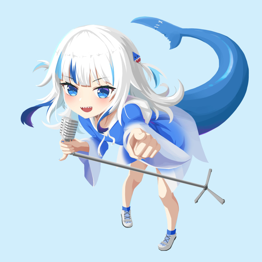 1girl, absurdres, bangs, blue_background, blue_eyes, blue_hair, blue_nails, blunt_bangs, eyebrows_visible_through_hair, fish_tail, gawr_gura, highres, holding, holding_microphone_stand, hololive, hololive_english, leaning_forward, looking_at_viewer, medium_hair, microphone_stand, multicolored_hair, open_mouth, shark_tail, sharp_teeth, silver_hair, solo, streaked_hair, tail, teeth, two_side_up, v-shaped_eyebrows, virtual_youtuber, wuqi_wupenguin