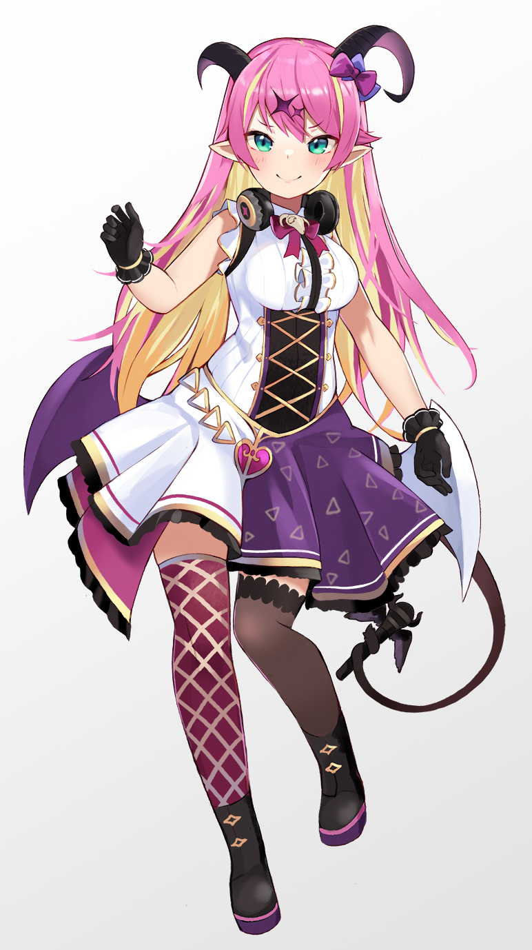1girl, bangs, blonde_hair, blush, breasts, clenched_hand, colored_inner_hair, demon_girl