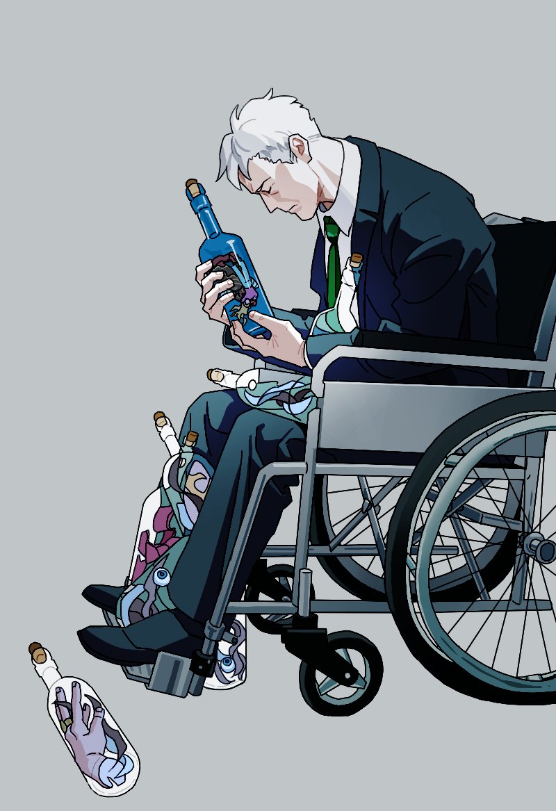 1boy, beatrice_(umineko), becomeafish, black_suit, bottle, cork, green_neckwear, hachijou_tooya