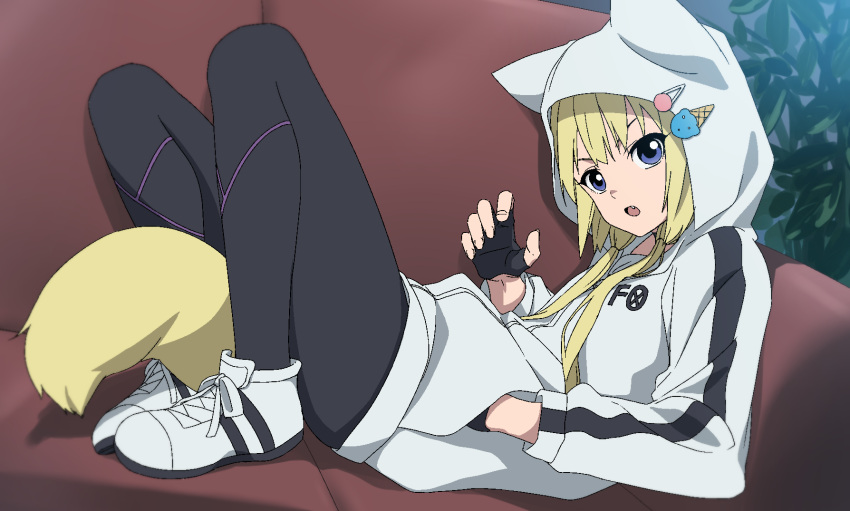 1girl, animal_ears, animal_hood, bangs, between_legs, black_gloves, black_pants, blonde_hair, blue_eyes, commentary_request, couch, eyebrows_behind_hair, fake_animal_ears, fingerless_gloves, full_body, gloves, grey_jacket, hand_in_pocket, highres, hood, hood_up, hooded_jacket, jacket, kemono_jihen, knees_up, kon_(kemono_jihen), long_hair, long_sleeves, looking_at_viewer, low_twintails, lying, minowa_sukyaru, on_back, on_couch, pants, shoes, sneakers, solo, tail, tail_between_legs, twintails, v-shaped_eyebrows, white_footwear