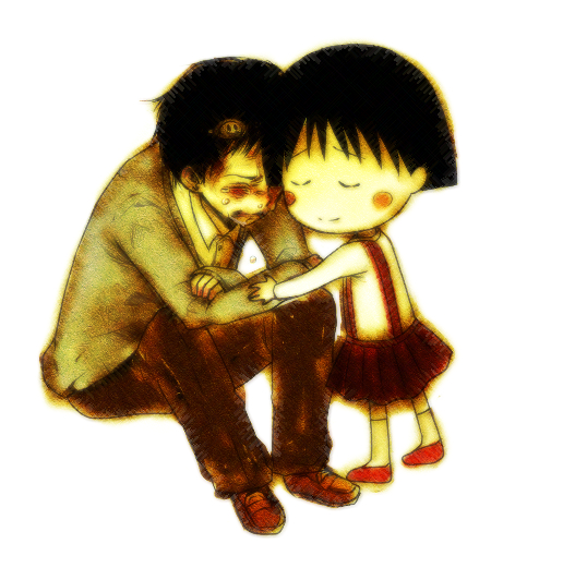 1boy, 1girl, ahopan, blush, blush_stickers, chibi, chibi_maruko-chan, closed_eyes, comforting, commentary, crying, full_body, hug, kneehighs, long_sleeves, noko_(shinsei_kamattechan), sakura_momoko, shinsei_kamattechan, short_hair, simple_background, sitting, skirt, smile, suspender_skirt, suspenders, tears
