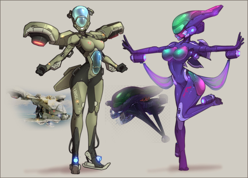2girls, arm_cannon, armor, banshee_(halo), breasts, cockpit, colored_skin, commentary
