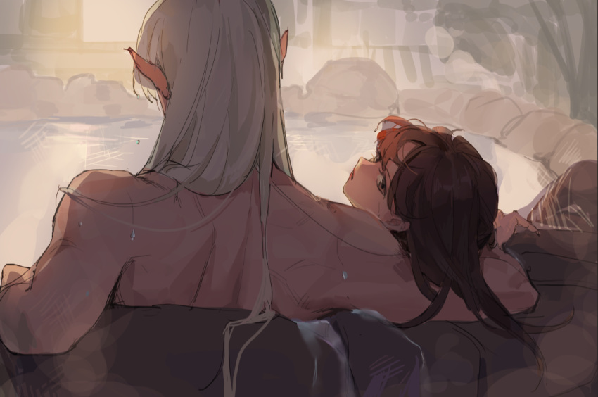 1boy, 1girl, arm_around_shoulder, back, black_hair, couple, from_behind, inuyasha