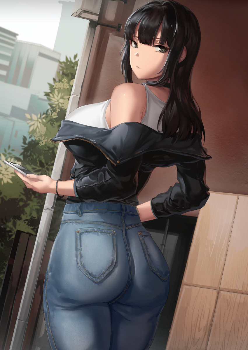 1girl, absurdres, ass, bangs, black_eyes, black_hair, bracelet, breasts, closed_mouth, collar, denim, highres, jacket, jeans, jewelry, large_breasts, long_hair, looking_back, naoko-san, naoko_(9113419), original, pants, phone, solo, tank_top, turning_head, undershirt, white_tank_top